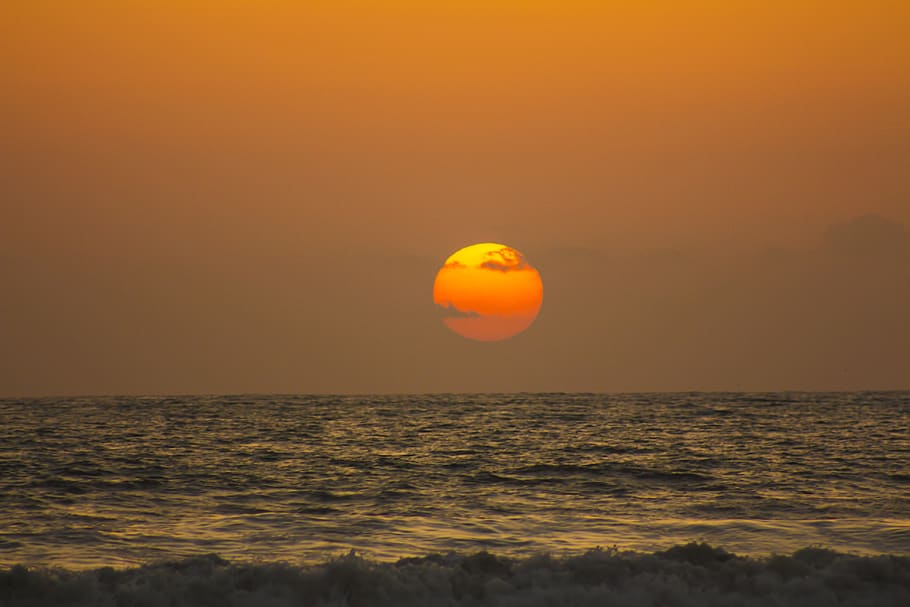 ocean waves during golden hour, sky, sunset, sea, orange color HD wallpaper