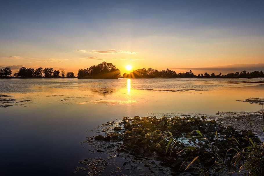 sunset, lake, mood, landscape, nature, reflection, evening HD wallpaper