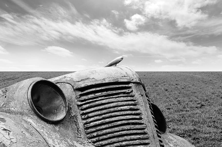 car, old, black, white, stock, background, sky, grass, vintage HD wallpaper