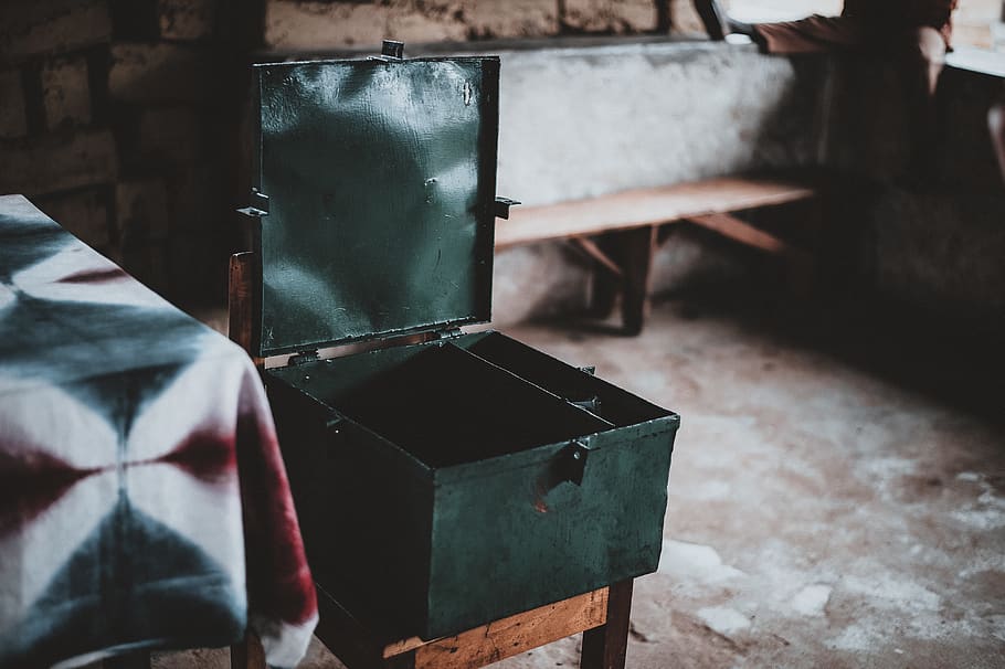 open green metal box, indoors, wood - material, focus on foreground HD wallpaper