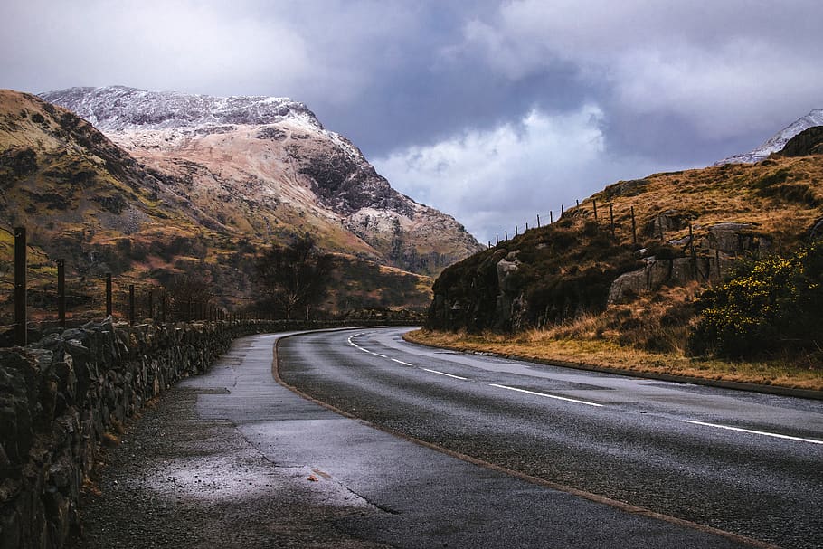 Gray Rail Road in the Mountain, asphalt, cloudy, daylight, environment HD wallpaper