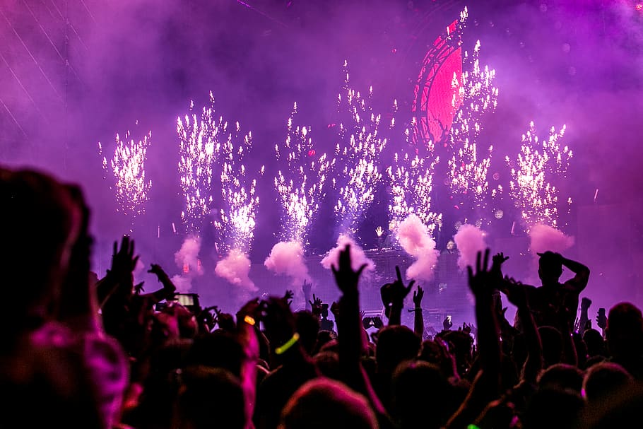 Purple Fireworks Effect, audience, band, celebration, concert, HD wallpaper