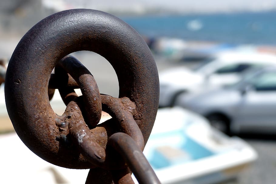 chain, hawser, ear, rust, metal, focus on foreground, close-up HD wallpaper