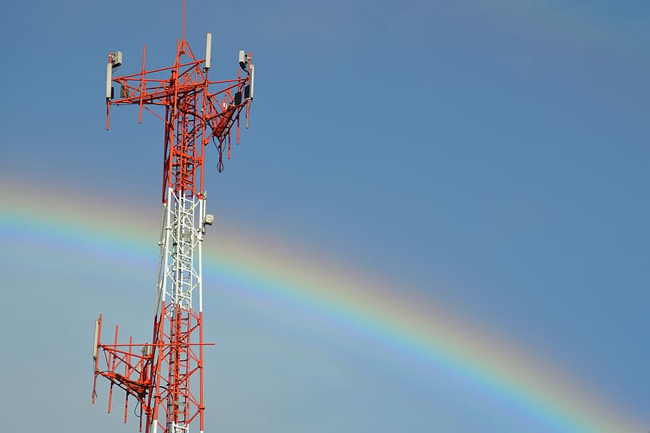 rainbow, sky, time, tower, communications, clouds, atmosphere HD wallpaper