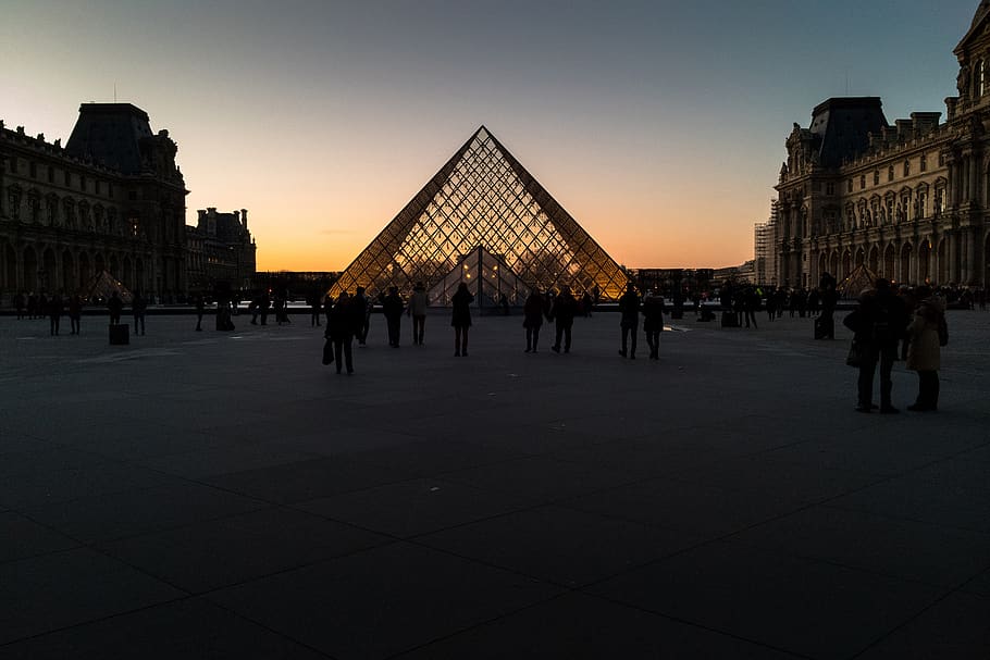 france, paris, musée du louvre, night, light, tourism, sunset