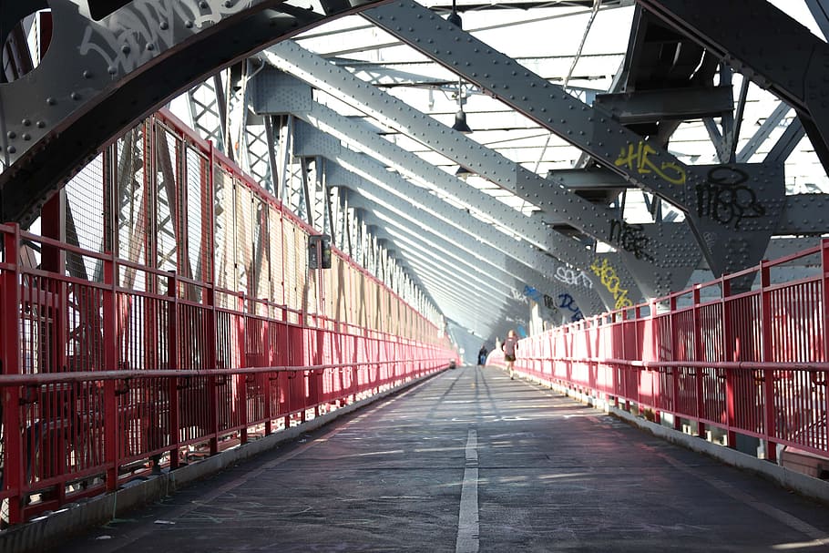A sidewalk on the caged-design iron walking bridge, architecture HD wallpaper