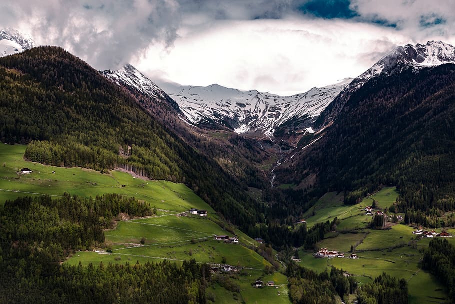 Aerial View of Valley, clouds, cloudy skies, conifers, daylight HD wallpaper
