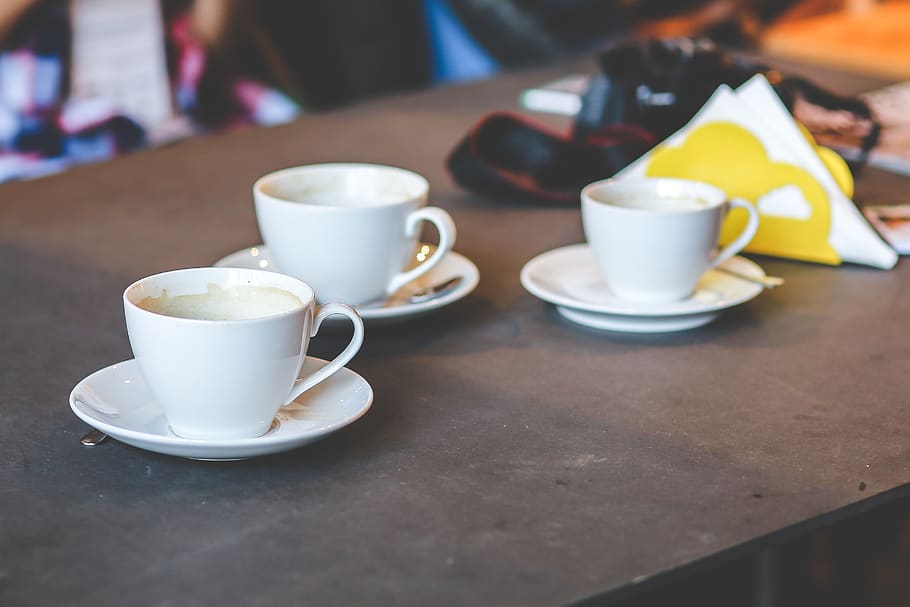Three white cups, coffee, restaurant, mug, drink, saucer, crockery HD wallpaper