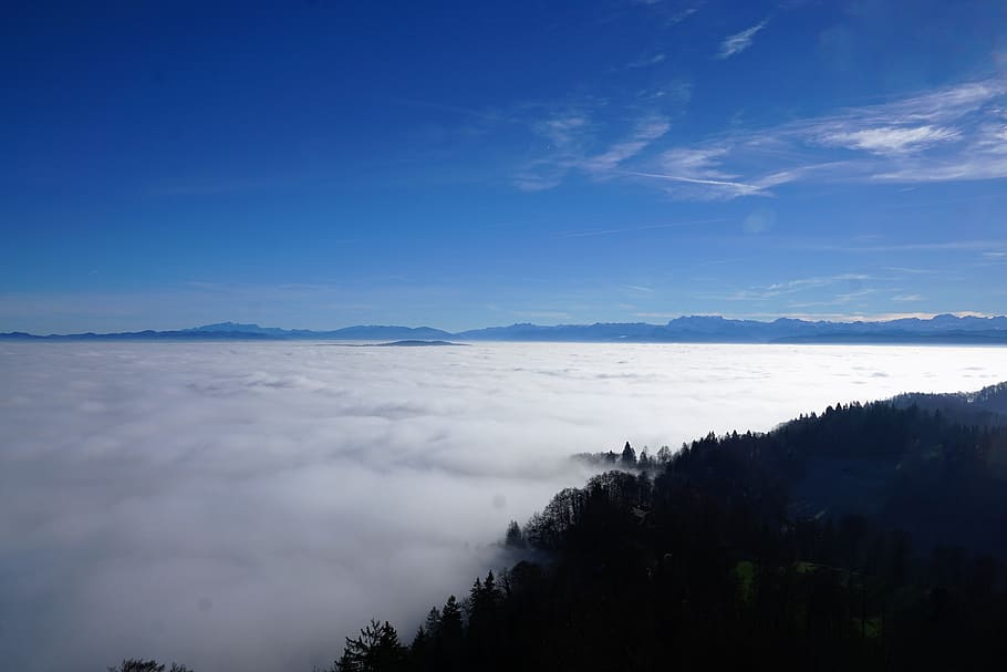 White Fogs Near Grass, clouds, cloudscape, mountain, nature, scenic HD wallpaper