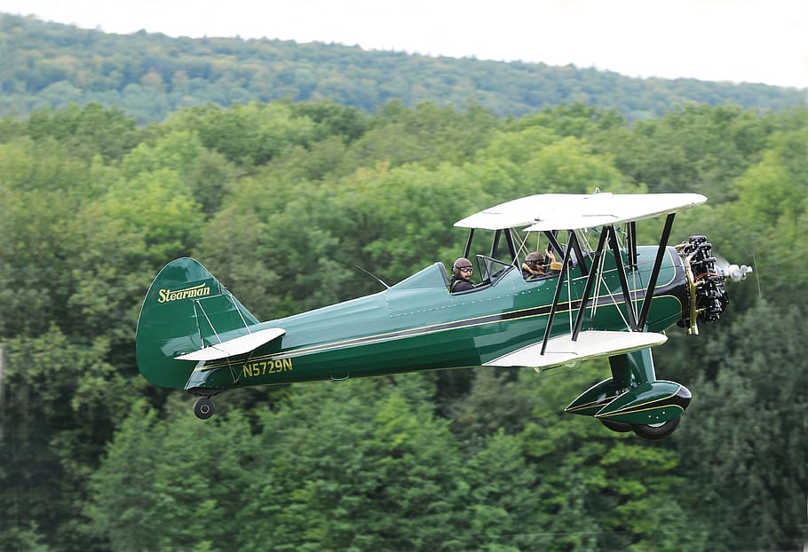 green biplane, tree, plant, transportation, day, mode of transportation HD wallpaper