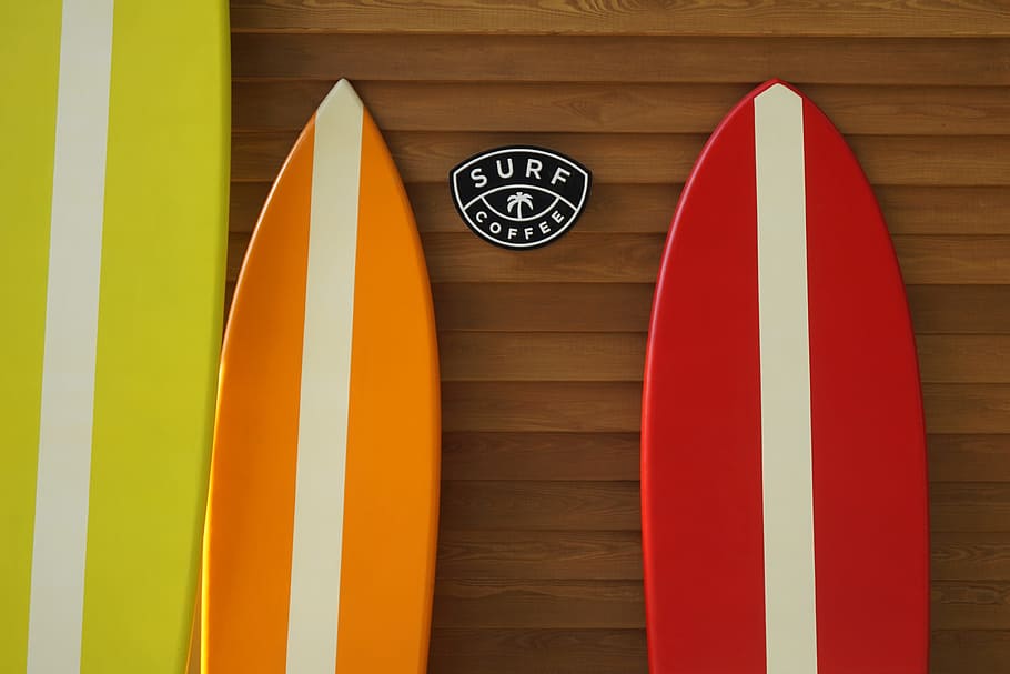 Surfboards, various, coffee, shop, summer, wood - material, no people HD wallpaper