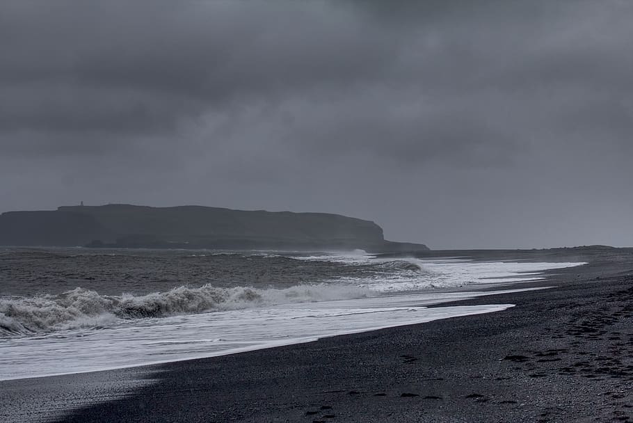 iceland, reynisfjara black sand beach, sea, clouds, rain, ocean
