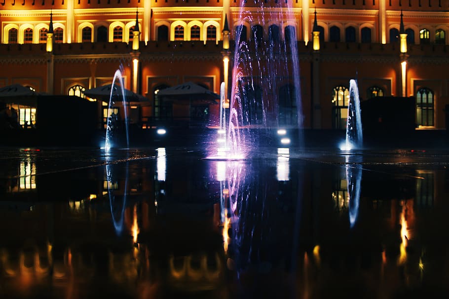 Turned-on Fountains With Light Effect at Nighttime, architecture HD wallpaper