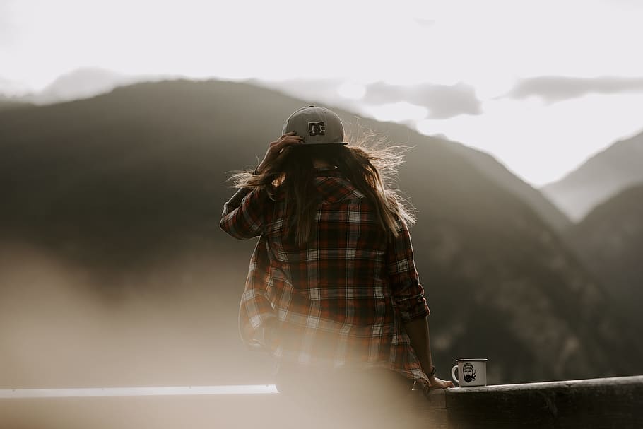 woman standing wearing gray fitted cap, tree, red, sky, emotion HD wallpaper