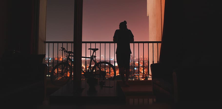 silhouette of person beside the bicycle, railing, human, banister, HD wallpaper