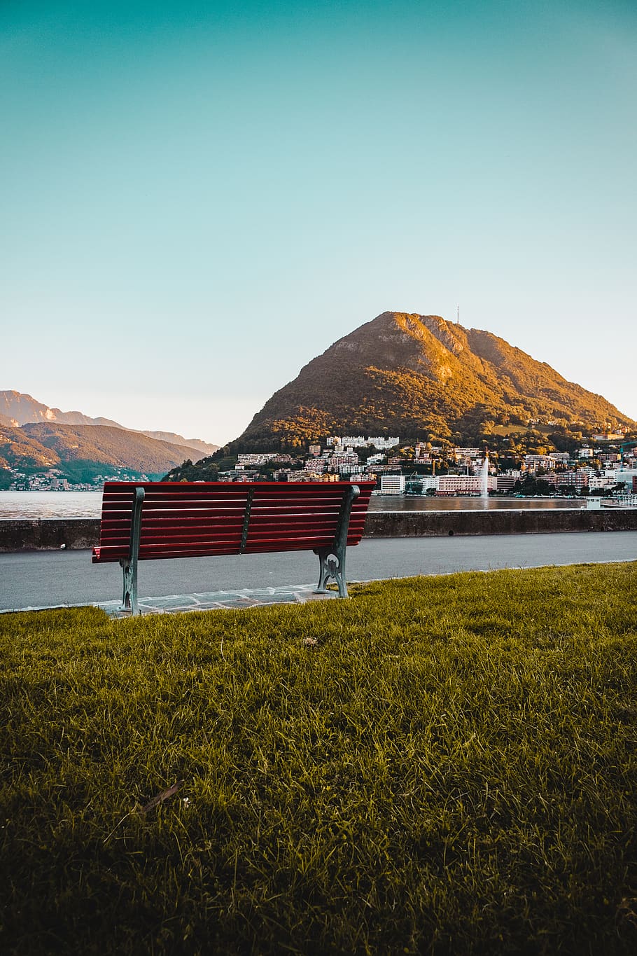 Red Wooden Outdoor Bench Near Mountain, clouds, daylight, grass HD wallpaper