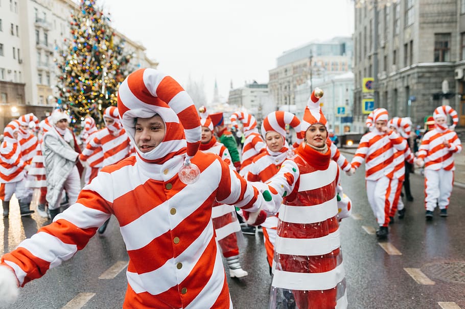 People Wearing Candy Cane Costume, celebration, crowd, fun, parade HD wallpaper
