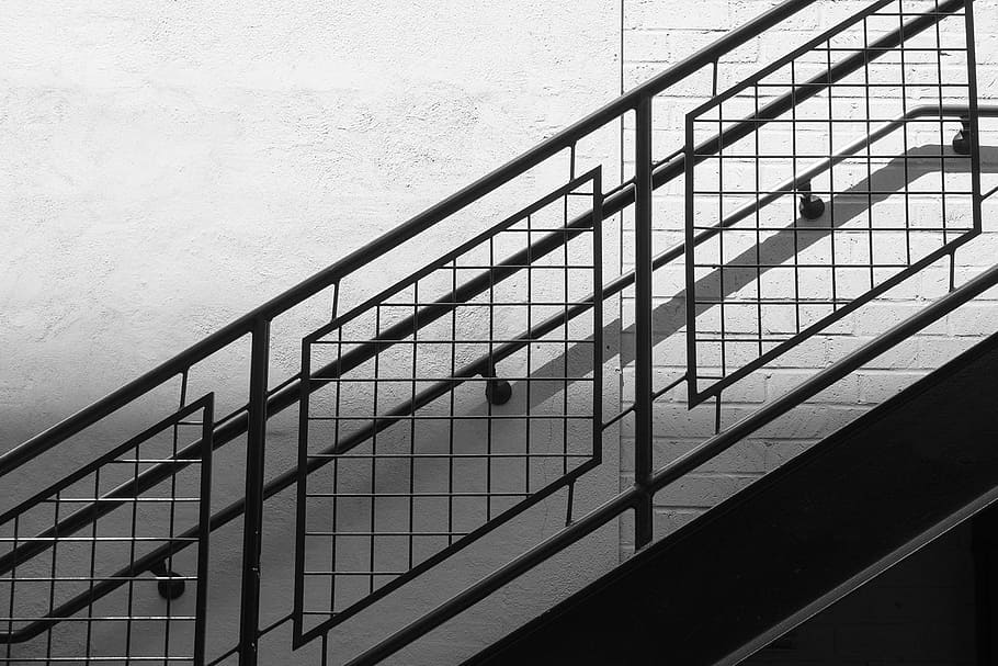 stairs, railing, steps, architecture, black and white, built structure HD wallpaper