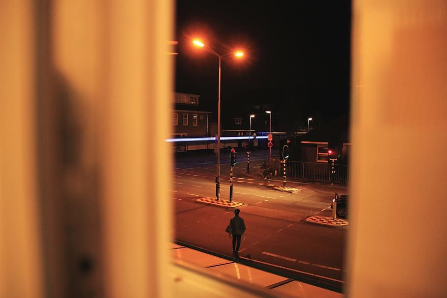 man walking on road during nighttime, asphalt, human, person HD wallpaper