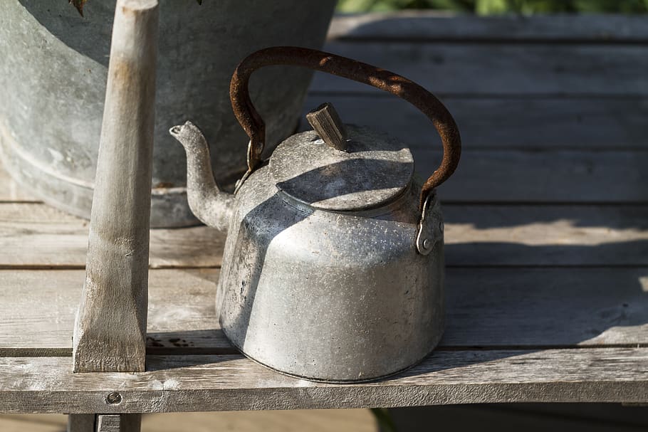 gray whistle kettle, rust, old, metal, lock, furniture, sun, shadow HD wallpaper