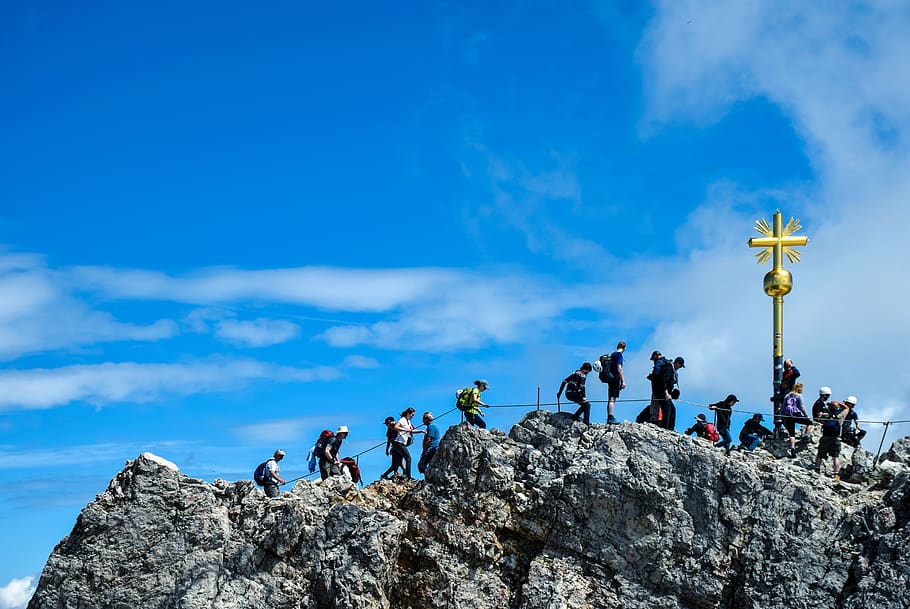 summit cross, mountain, alpine, zugspitze, view, rock, steep HD wallpaper