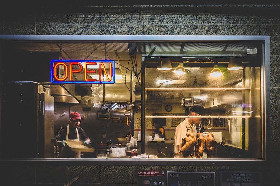 store, meat, shop, restaurant, people, men, chef, night, open HD wallpaper