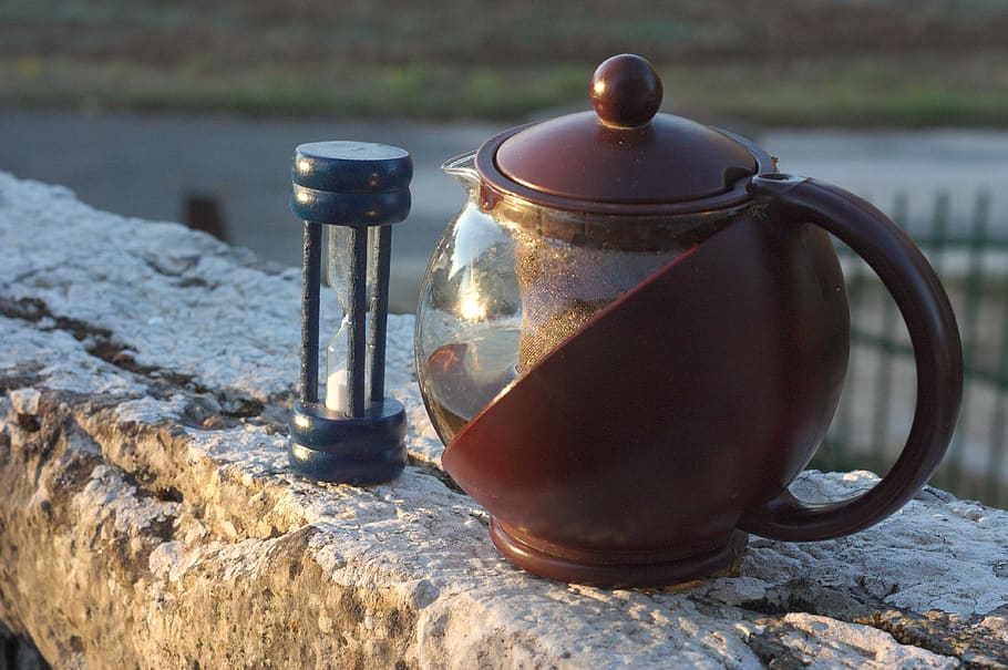 pause, tea, timer, hour glass, food and drink, teapot, close-up HD wallpaper