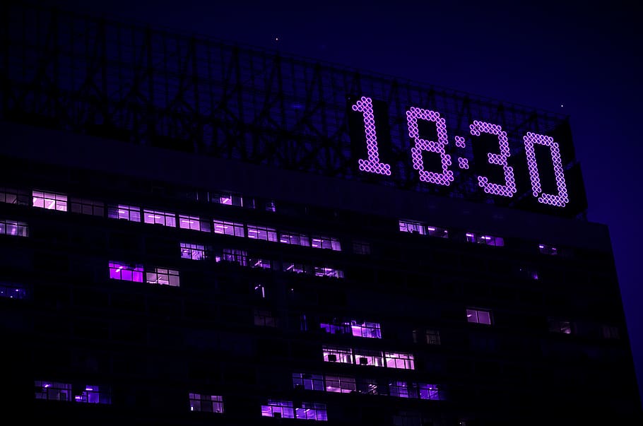 Time Displayed on Top of a Building, dark, illuminated, light HD wallpaper