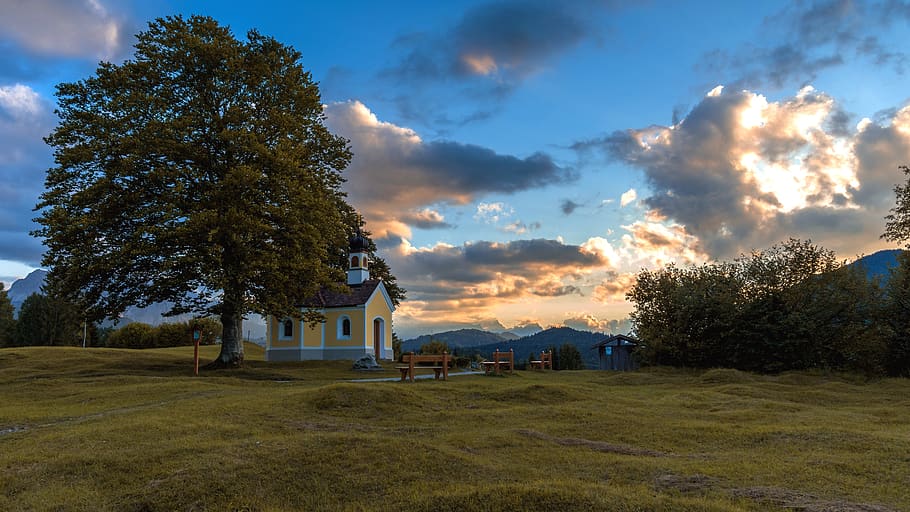 chapel, tree, sky, landscape, church, nature, religion, building HD wallpaper