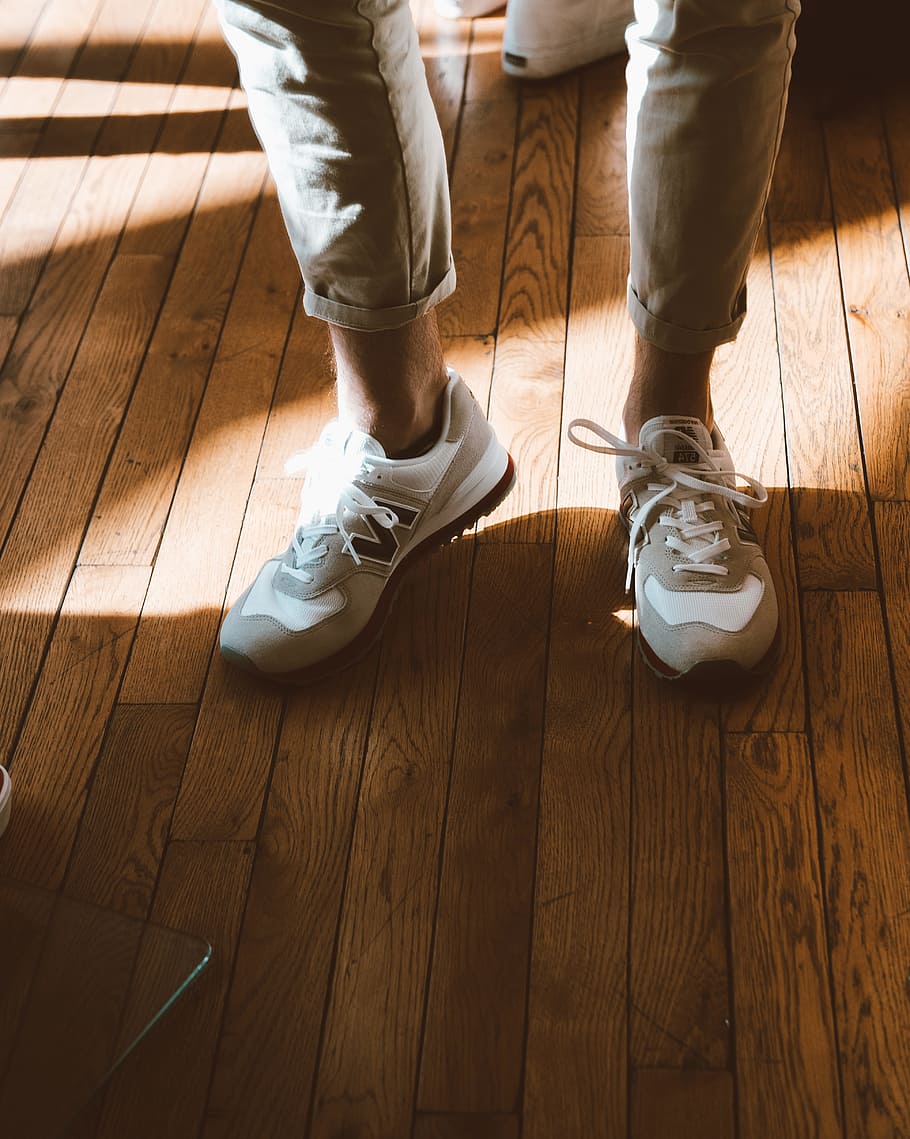 person wearing white New Balance shoes, leg, fashion, style, summer