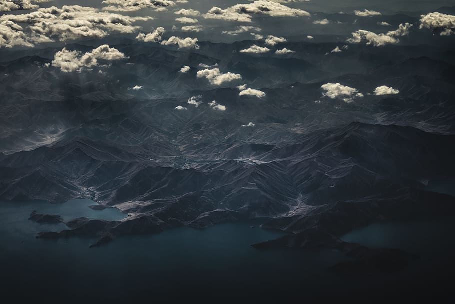 mountains under gray skies, aerial, sky, cloud, peak, landscape HD wallpaper