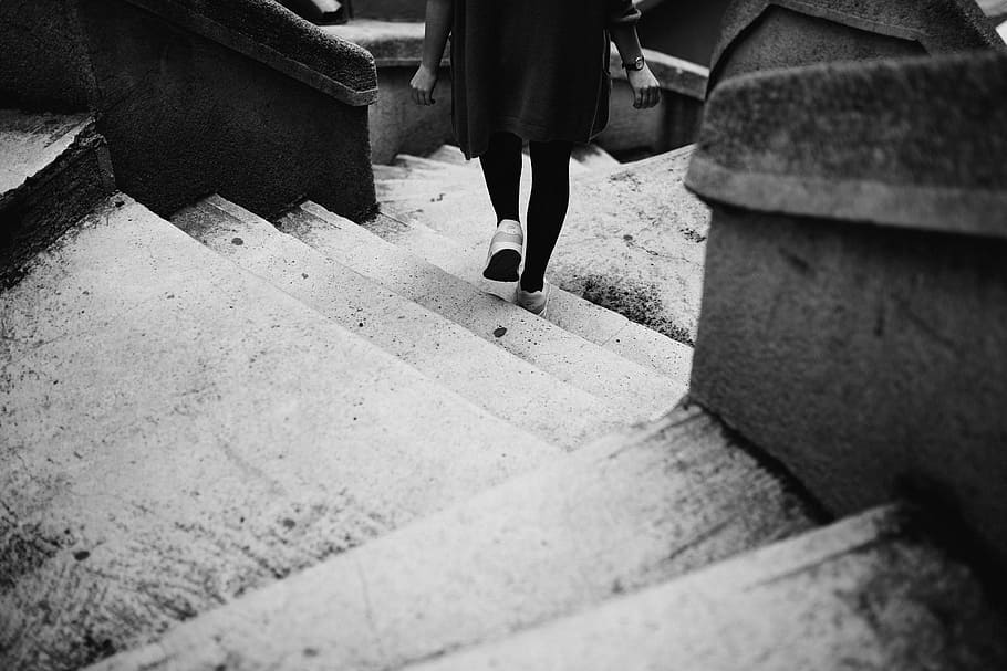 woman stepping down on stairs ], steps, person, walking, black and white HD wallpaper
