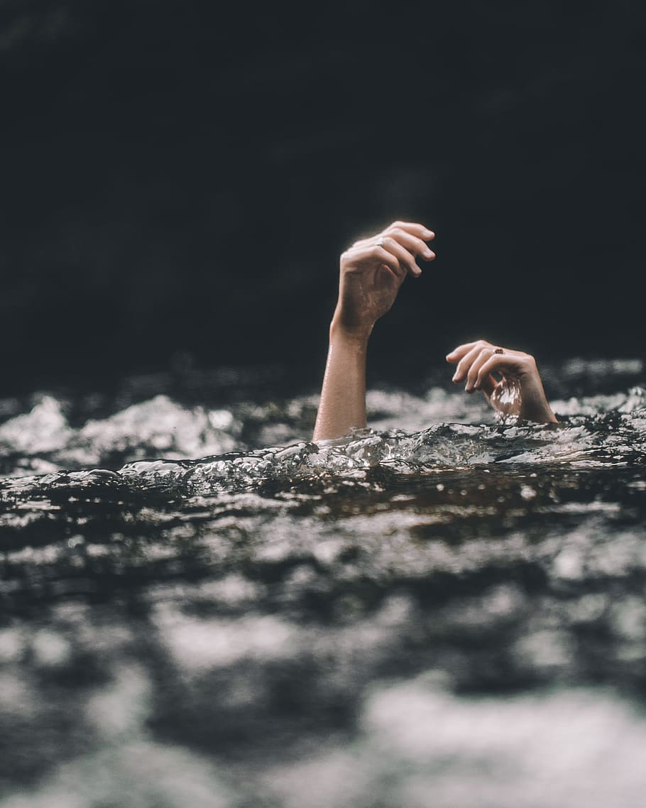 person's hands, water, surface, drown, underwater, river, art, HD wallpaper