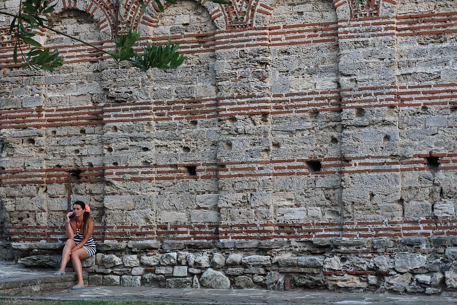 bulgaria, nessebar, wall, bricks, church, santa sophia, girl HD wallpaper