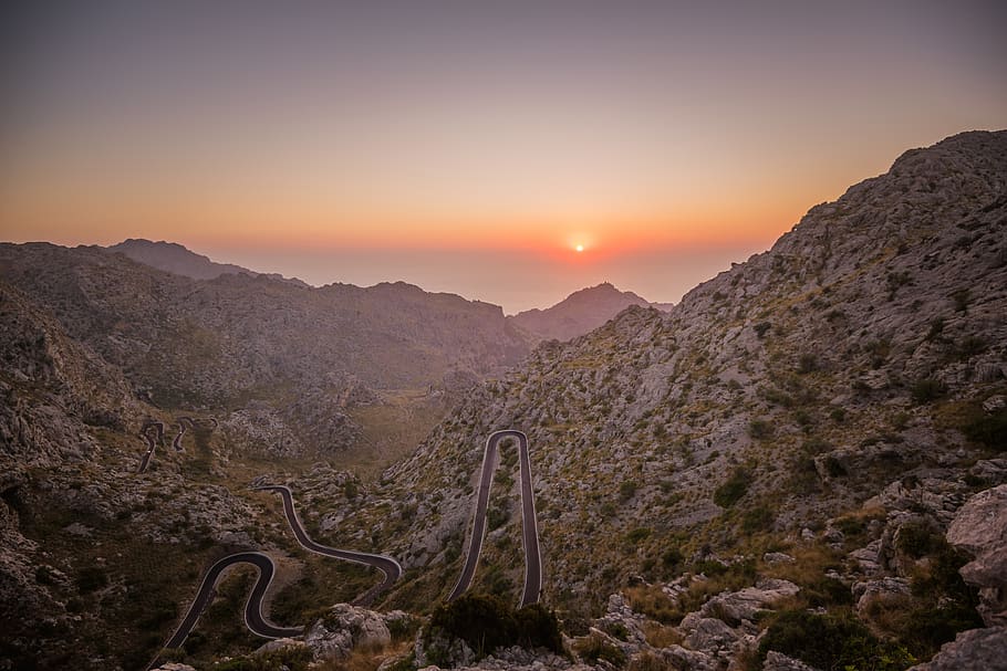 sunset, sunrise, yellow, mountain, rocks, road, street, aerial HD wallpaper
