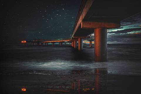 sky, stars, bridge, architecture, scene, night, sea, ocean HD wallpaper