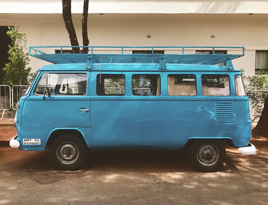 teal Volkswagen Samba, mode of transportation, land vehicle, day HD wallpaper