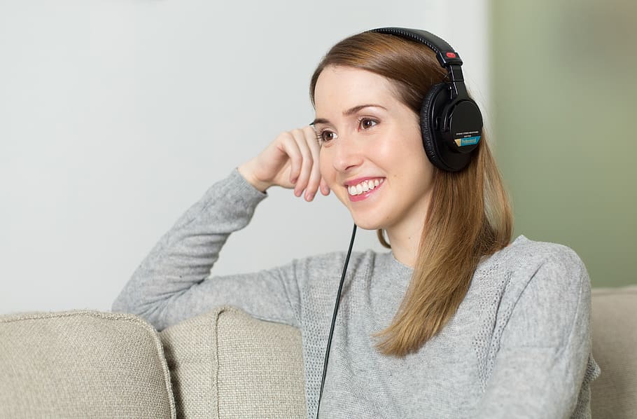 Woman Wearing Black Headphones Smiling, girl, headset, lady, listen