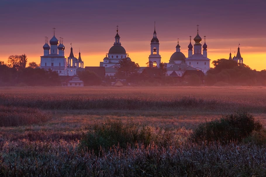 rostov, russia, monastery, dawn, landscape, architecture, church, HD wallpaper