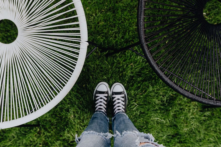Grass, concrete, sneakers, girl, legs, woman, garden, green, converse, HD wallpaper