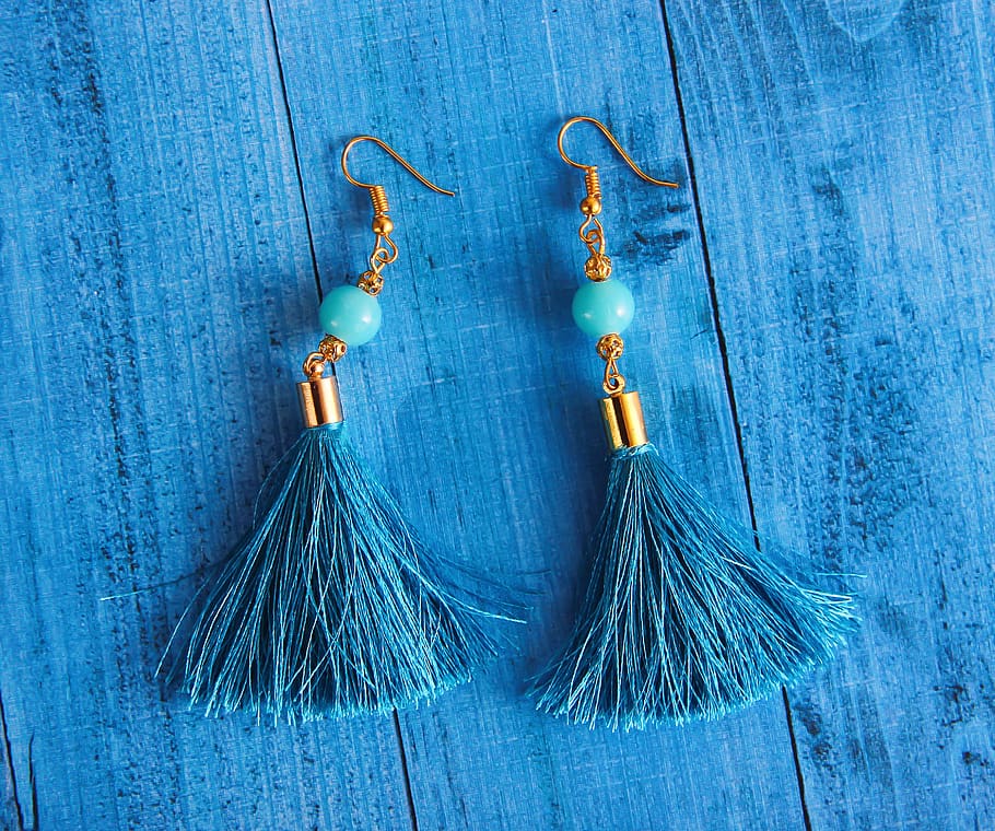 Close-Up Photography of Blue Earrings, accessory, design, gold