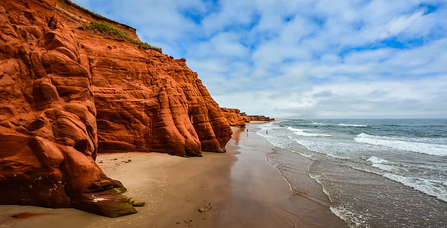 sea, cliff, cliffs, ocean, landscape, shore, clouds, sky, canada HD wallpaper
