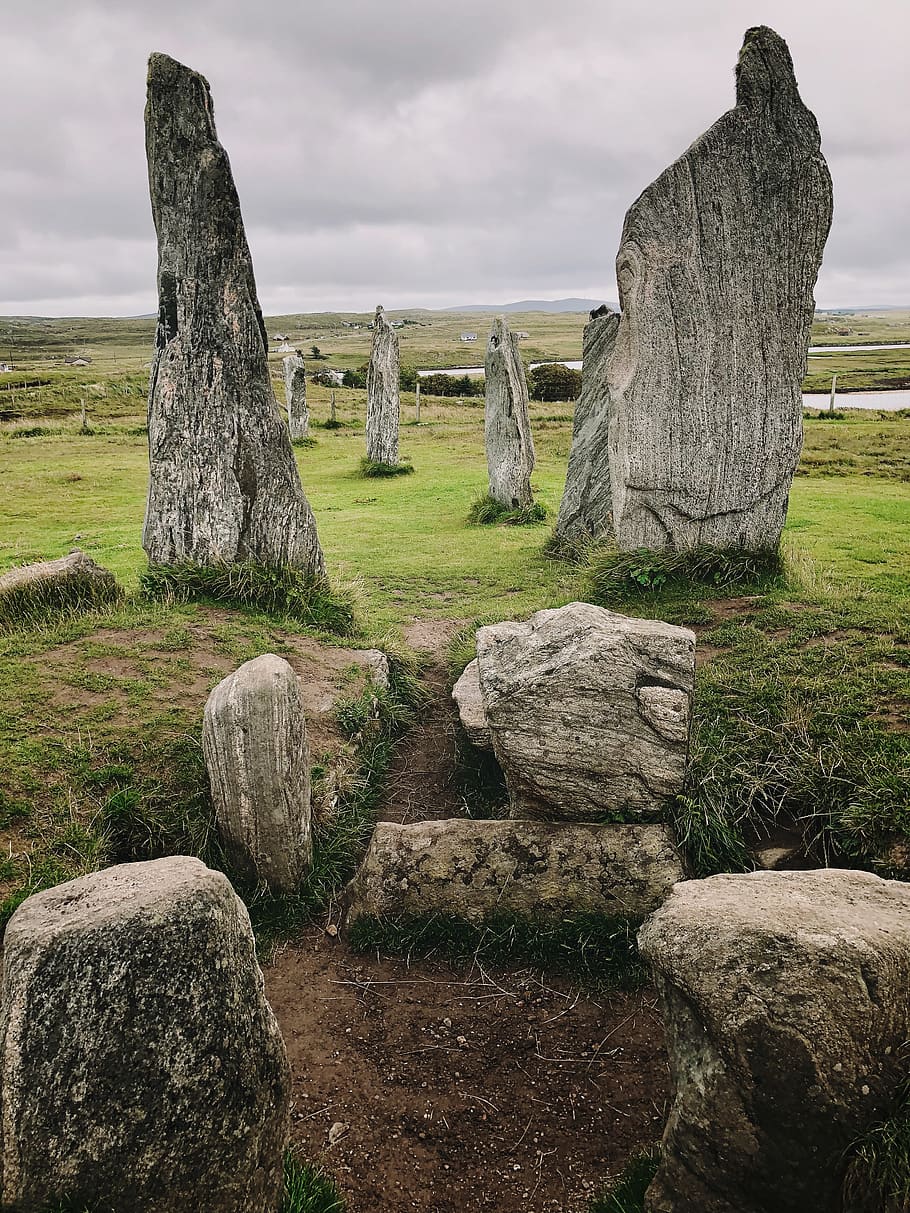 rock formation with green grass, ruins, celtic, monument, tree stump HD wallpaper