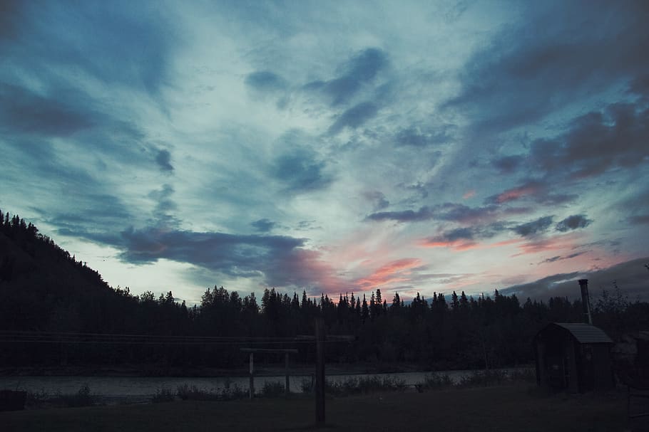 alaska, united states, sunset, cloud, nature, campsite, forest, HD wallpaper