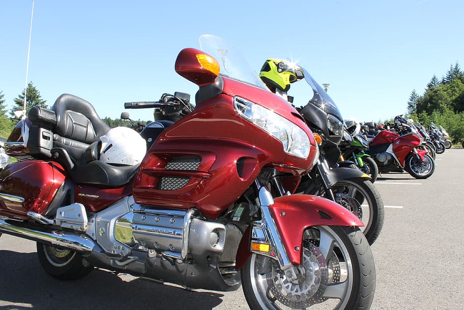 motorcycle, biker, red, road, mode of transportation, land vehicle HD wallpaper