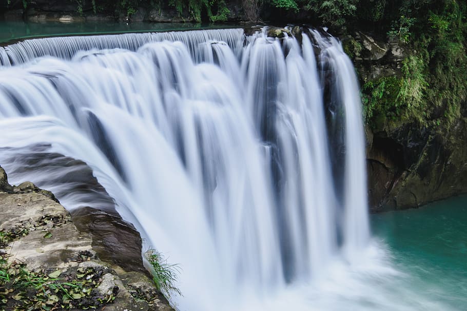 Waterfalls, cascade, clean, dug-out pool, flow, high angle shot HD wallpaper