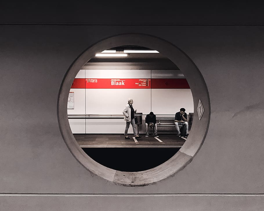 Grayscale Photography of People Waiting in Train Station, bench HD wallpaper