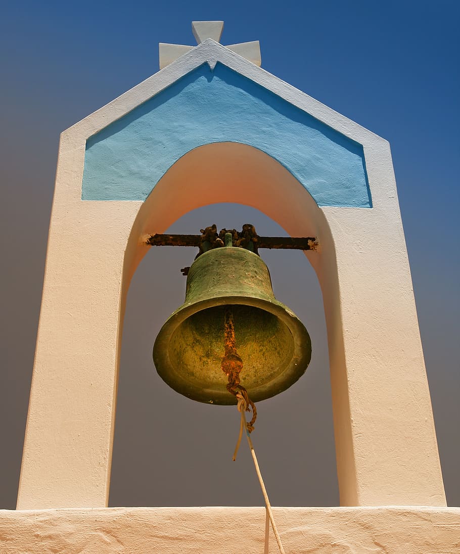architecture, greece, bell tower, karpathos, sky, travel, bronze bell HD wallpaper