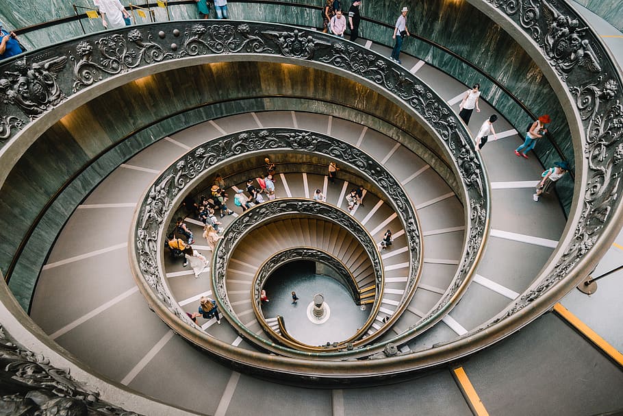 round staircase, architecture, spiral, railing, built structure HD wallpaper