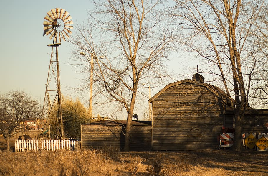 farm, windmill, rustic, old, barn, built structure, tree, architecture HD wallpaper